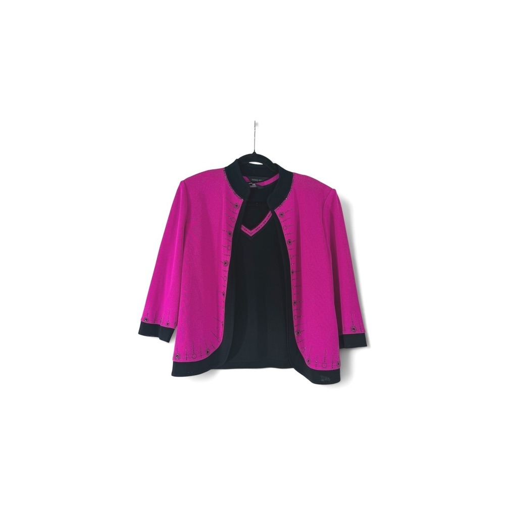 Ming Wang Magenta Black Knit Cardigan Tank Set Studded 2 Piece Small RN073924